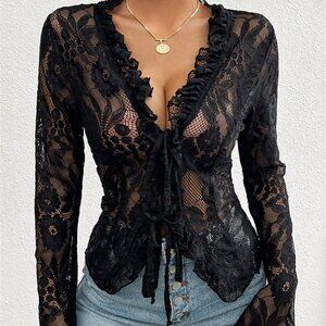 Black Sexy Women's Lace Sheer Long Sleeve Tops Tie Front Ruffle Shirt Blouses